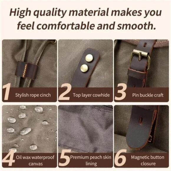 New Waxed Canvas Retro Backpack Rucksack Army Green - Picture 5 of 9